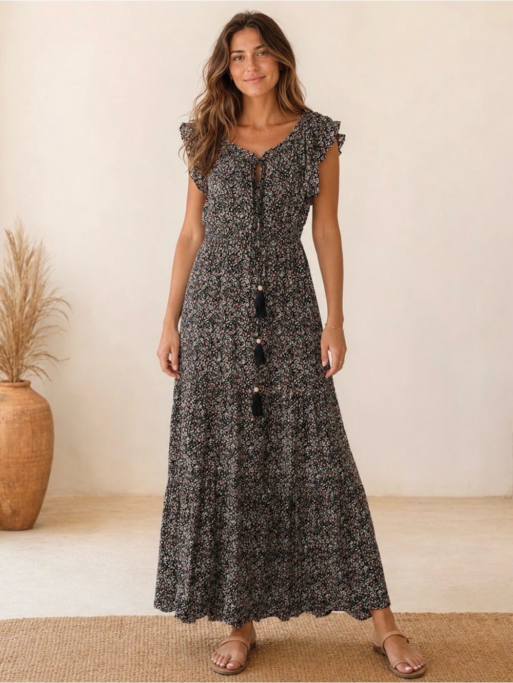 Natural Life Havana Nights Maxi Dress XL Black Floral Boho Flutter Sleeve